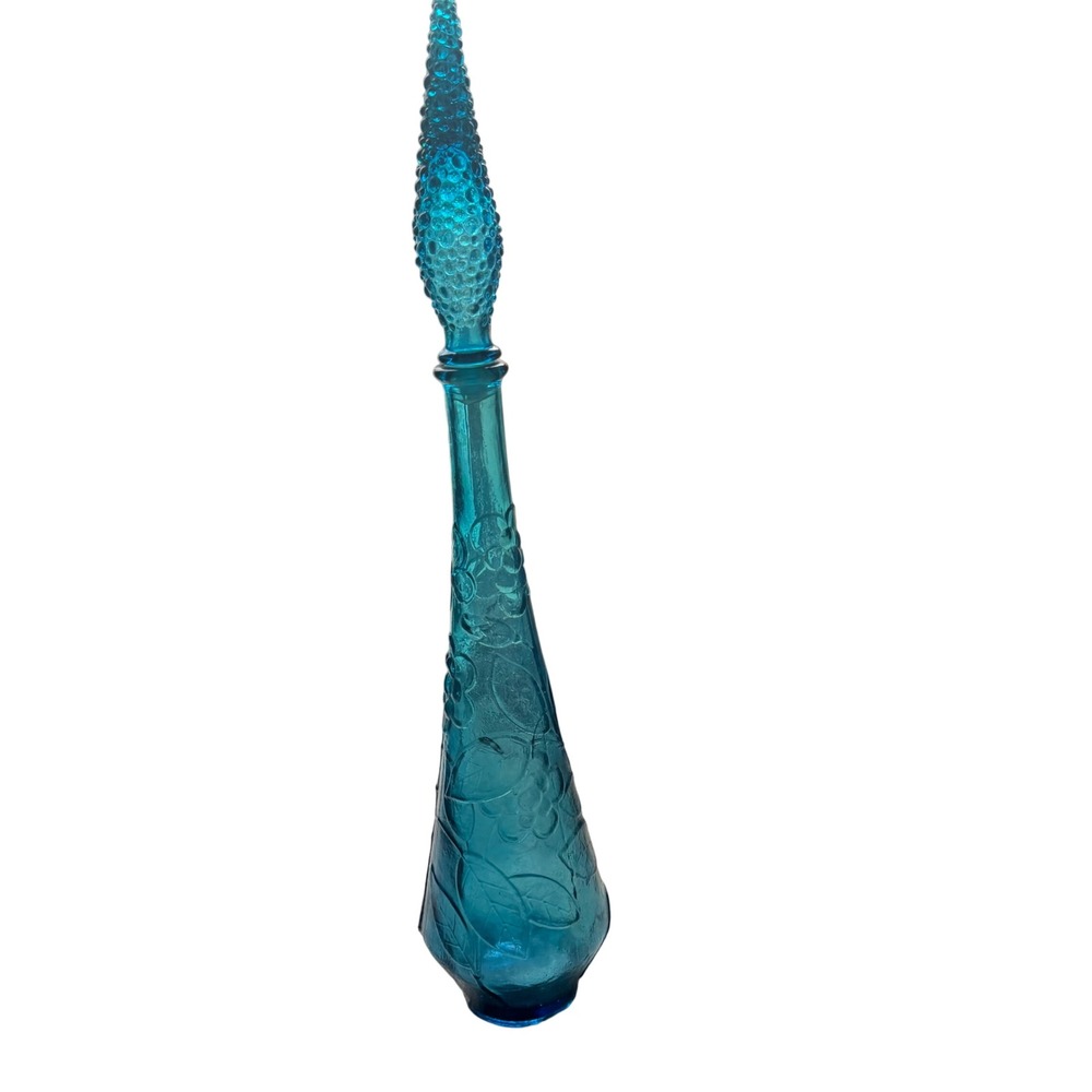 Vintage Empoli Italian Glass Genie Bottle Decanter Turquoise Blue Floral 22.5"